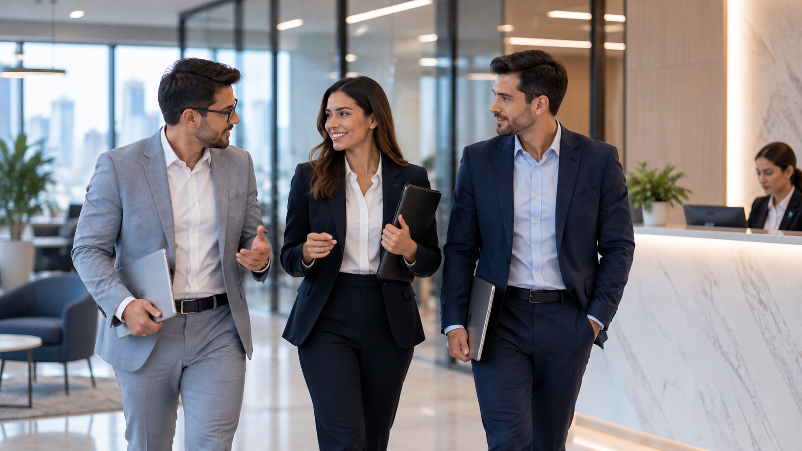 Tres colegas en un lobby corporativo